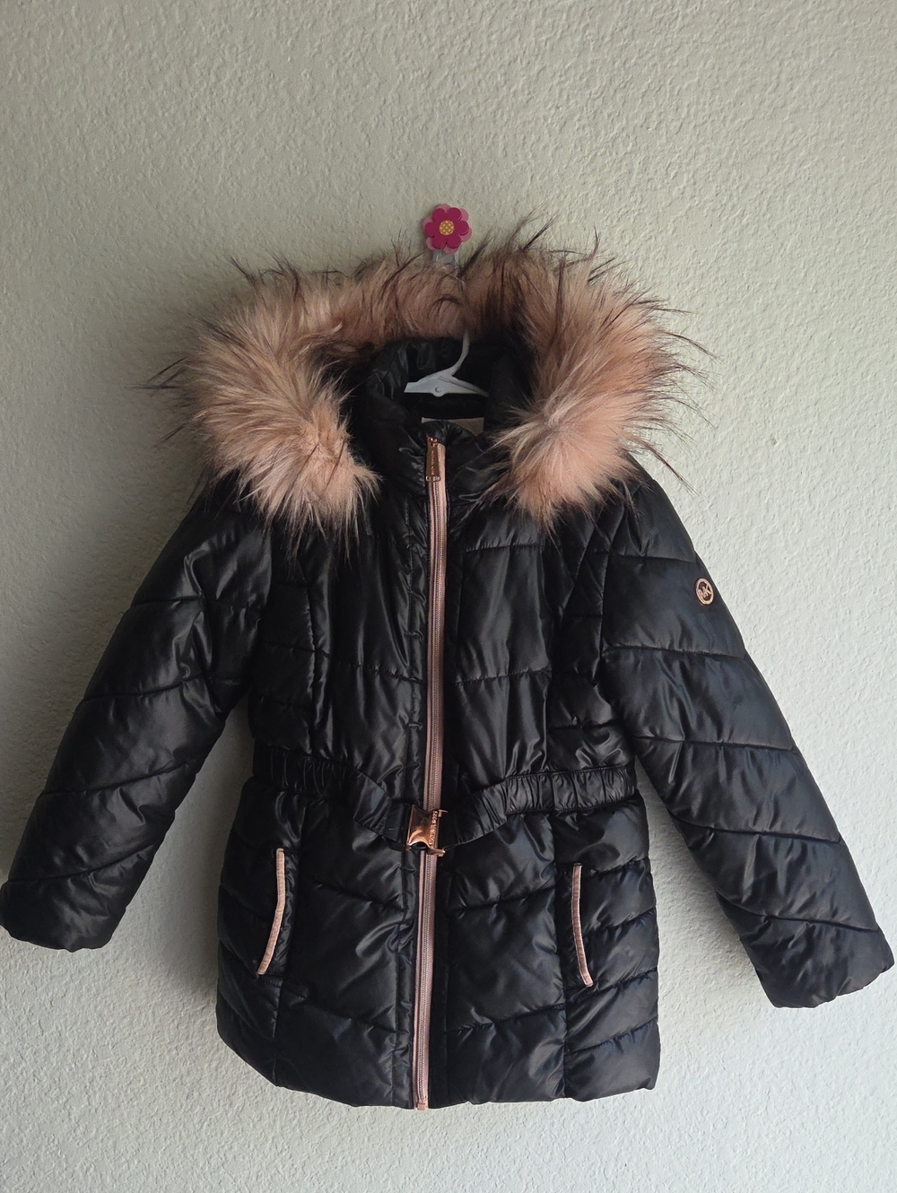 Michael Kors Black Puffer Coat with Pink Faux-Fur Hood Trim